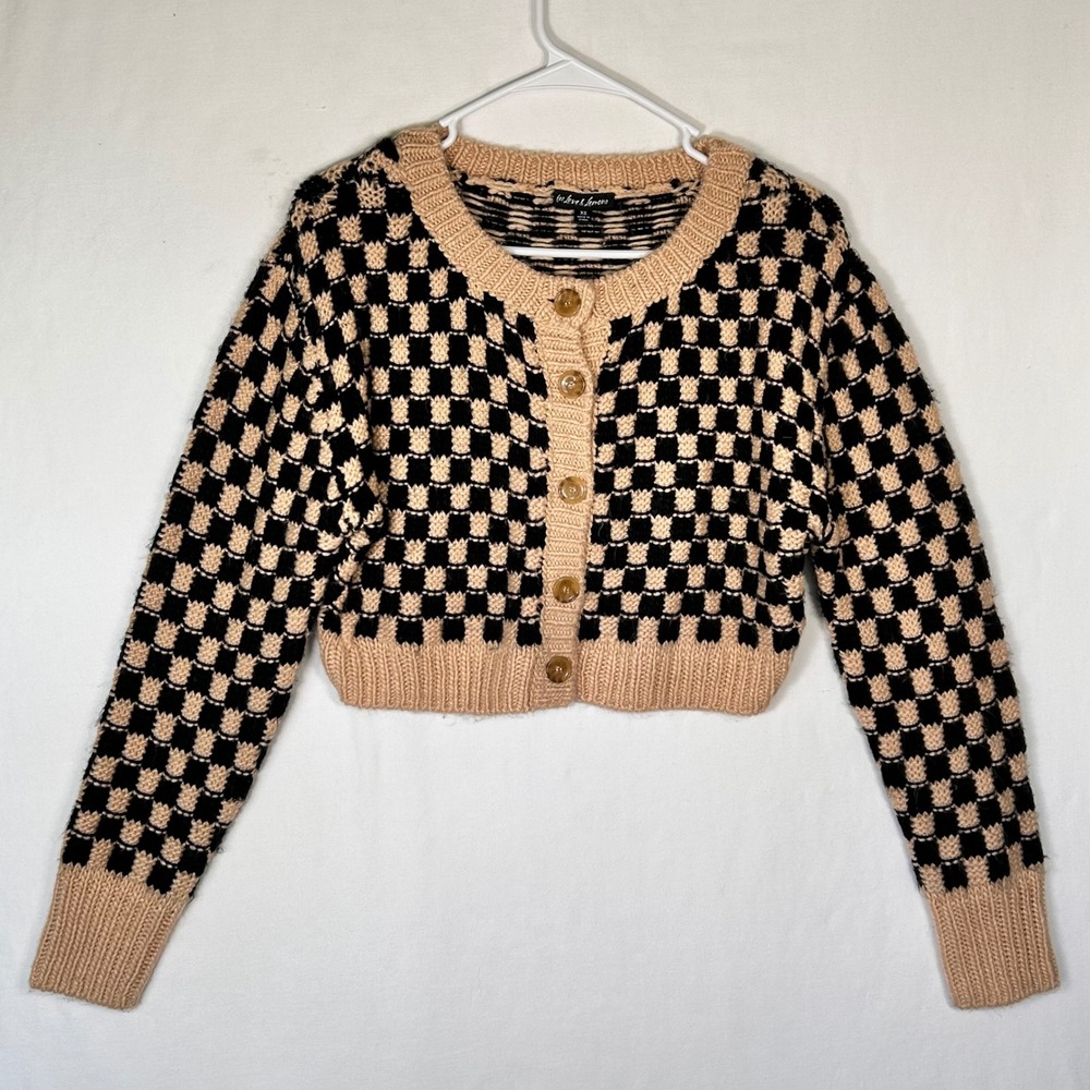 For Love & Lemons Checkered Cropped Cardigan Sweater Black Tan XS coquette